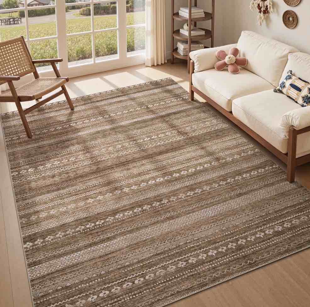 VUNATE 8'x10' Rugs for Living Room Washable Rugs Boho Moroccan Large Area Rug Soft Neutral Geometric Bohemian Carpet Distressed Indoor Rug for Bedroom Dining Room Office Nonslip Rug Dark Brown