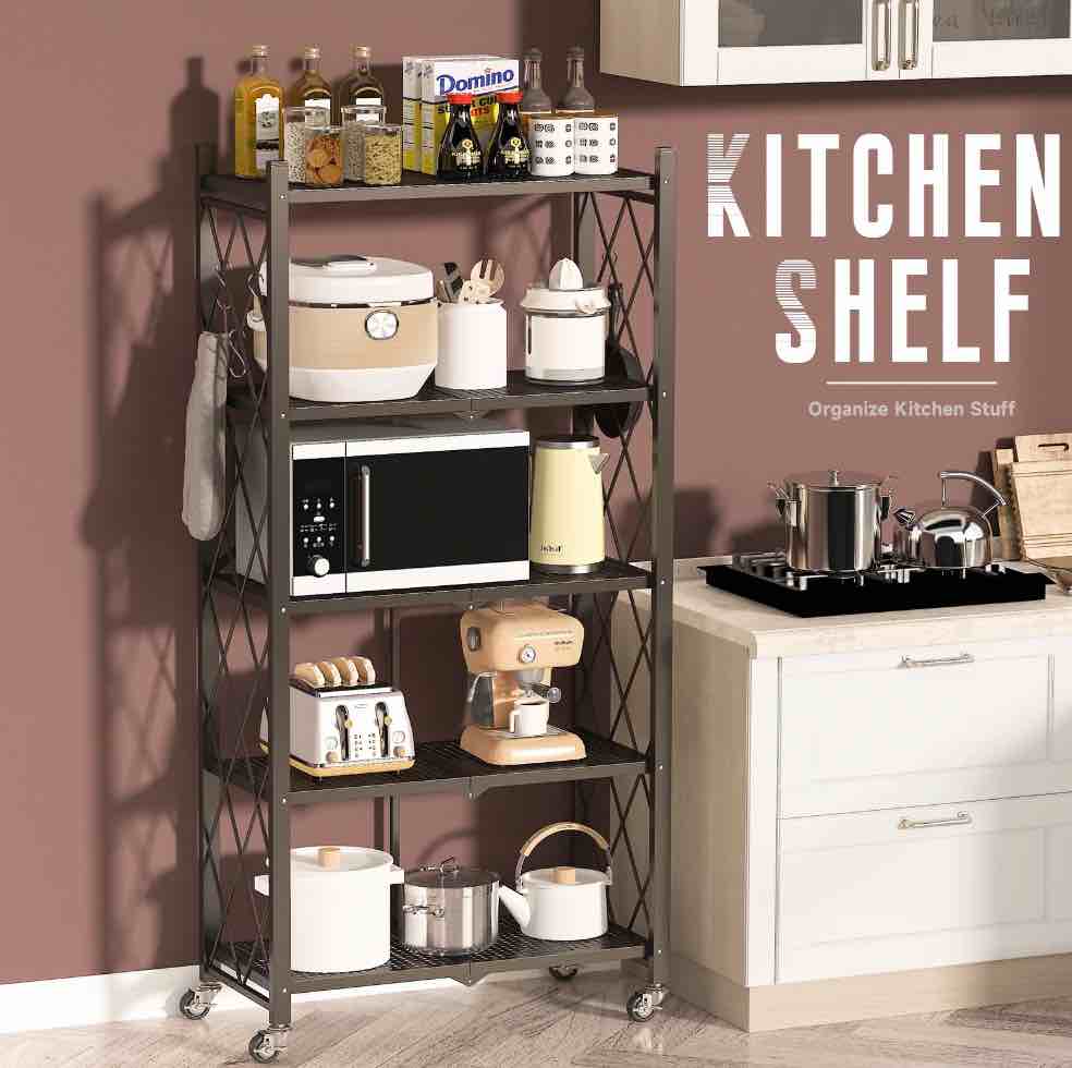 COOKCOK 5-Tier Storage Shelving Unit  Metal Shelf 27.9 x13.4 x62.5  Foldable Storage Shelf with Wheels  Garage Shelf  Metal Storage Rack  Kitchen Shelf with 4 Hooks  No Assemble Require