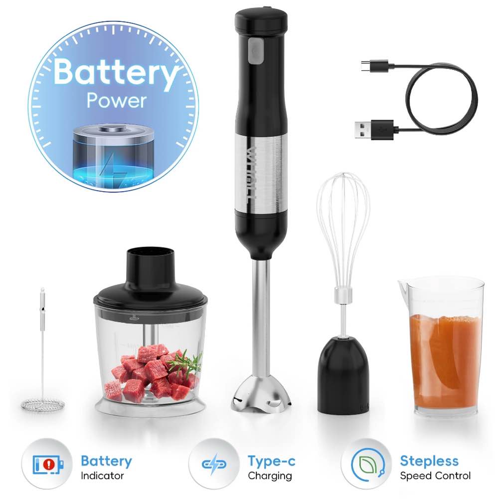 WHALL Cordless Immersion Blender, Rechargeable  5-in-1 Handheld Blender with Whisk, Milk Frother Attachments, Portable Stick mixed,700ml Beaker, 500ml Chopper
