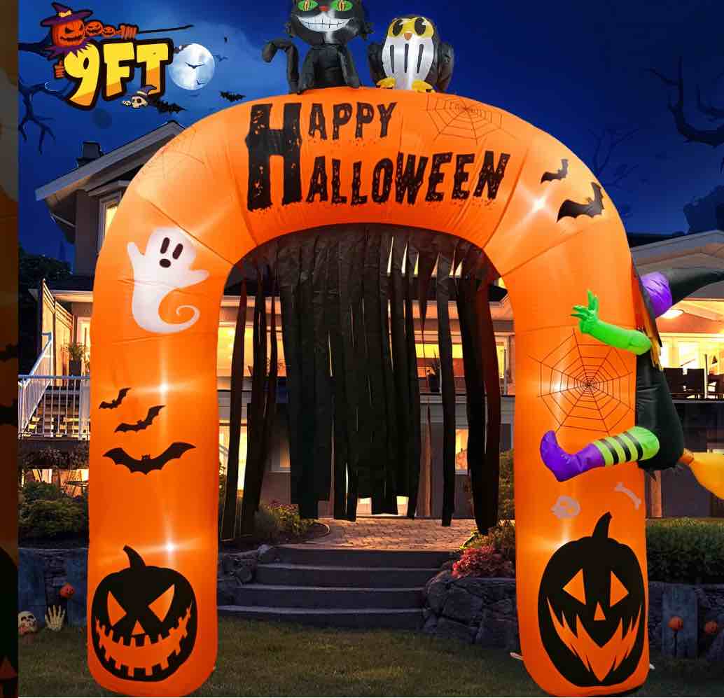 9FT Halloween Inflatable Archway, Large Pumpkin Halloween Arch Pumpkin Blow up Decorations, Built-in LED Lights for Indoor Outdoor Holiday Home Party Garden Yard Lawn