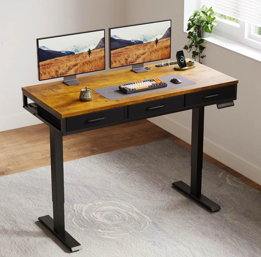 Electric Standing Desk with Drawers, 47 Inch Height Adjustable Desk with Power Outlets & USB, Sit Stand Table for Home, Office, Workstation, Rustic Brown