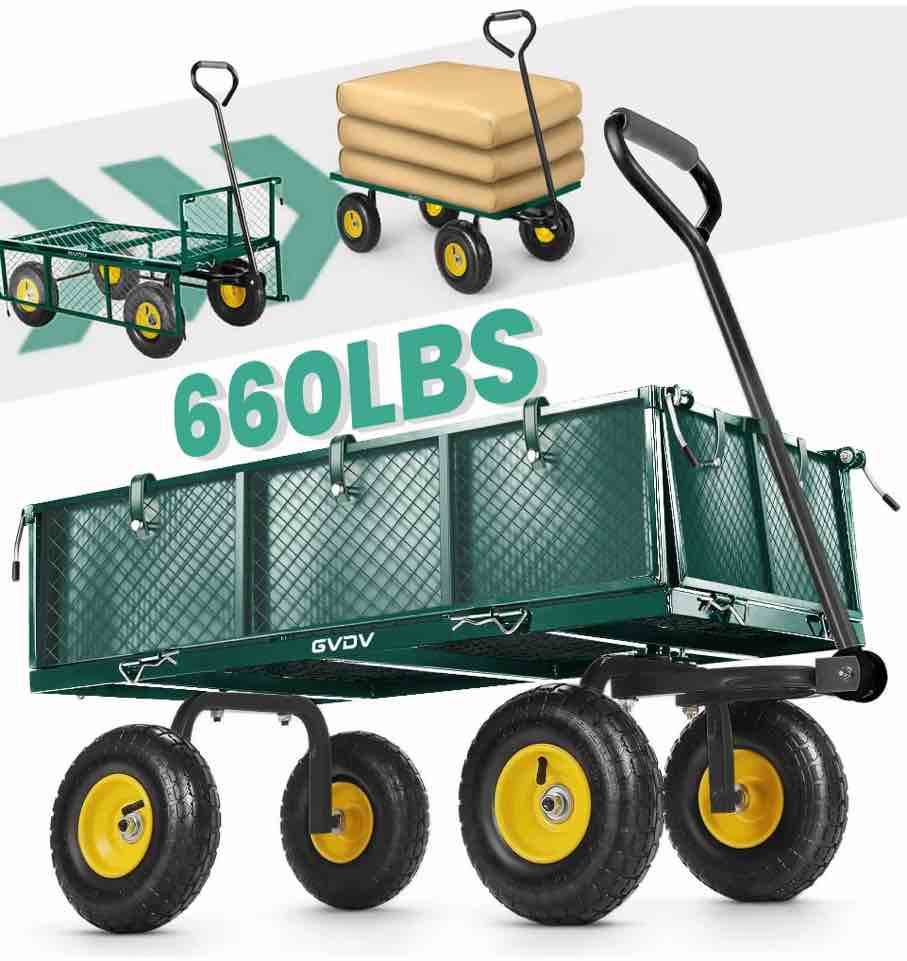GVDV Heavy Duty Steel Garden Cart with Liner, 660lbs Capacity, 3 Cu ft, 10" All-Terrain Wheels, Black/Green – Durable Utility Cart for Yard Work, Hauling, and Outdoor Use