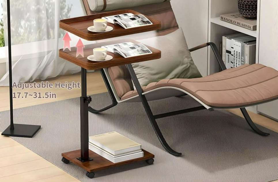 StarZe Adjustable Height C Shaped End Table,360° Swivel Side Tables with Wheel  for  Livingroom, Bedroom,Walnut.