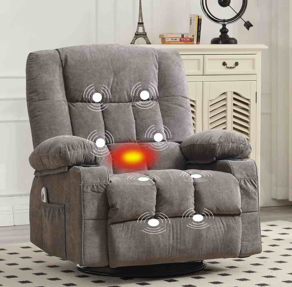 JONPONY Massage Swivel Rocker Recliner Chair with Vibration Massage and Heat Ergonomic Lounge Chair for Living Room with Rocking Function and Side Pocket, 2 Cup Holders, USB Charge Port,Grey