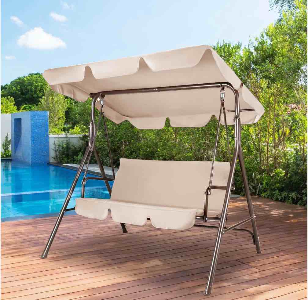 GVDV Outdoor Porch Swing,3 Seat Steel Patio Swing Chair with Adjustable Canopy for adults,Patio,Garden,Poolside-White