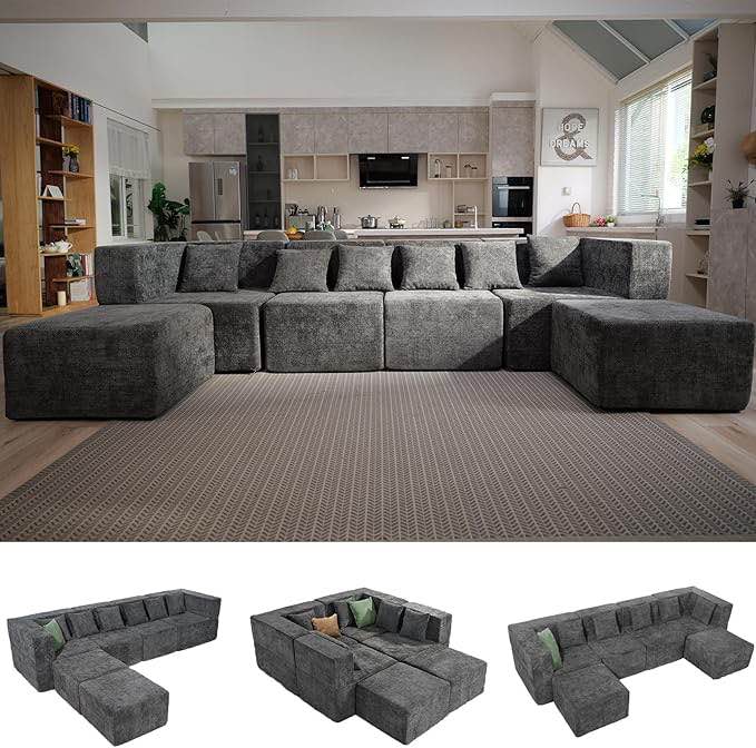 Oversized Modular Sectional Cloud Couch for Living Room - 130'' 4 Seater Convertible Chenille Couches Set with Ottoman, No Assembly Compression Sofas, Comfy Floor Sofa with Memory Foam, Grey