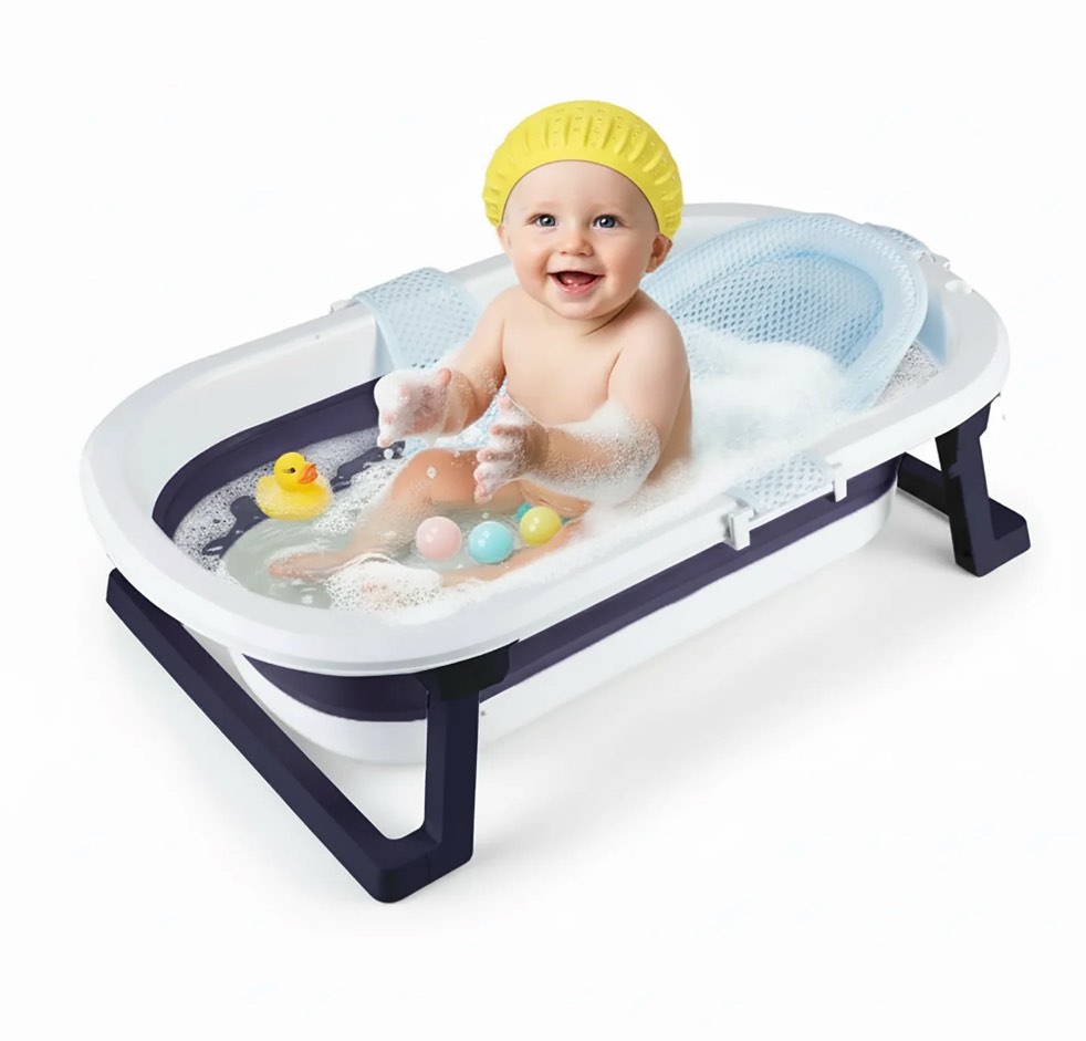 HENG Co. Baby Bathtub for Infants to Toddler with Drain Plug, Unisex Kids Bathtub for Newborn 0-36 Month (Blue+Net)