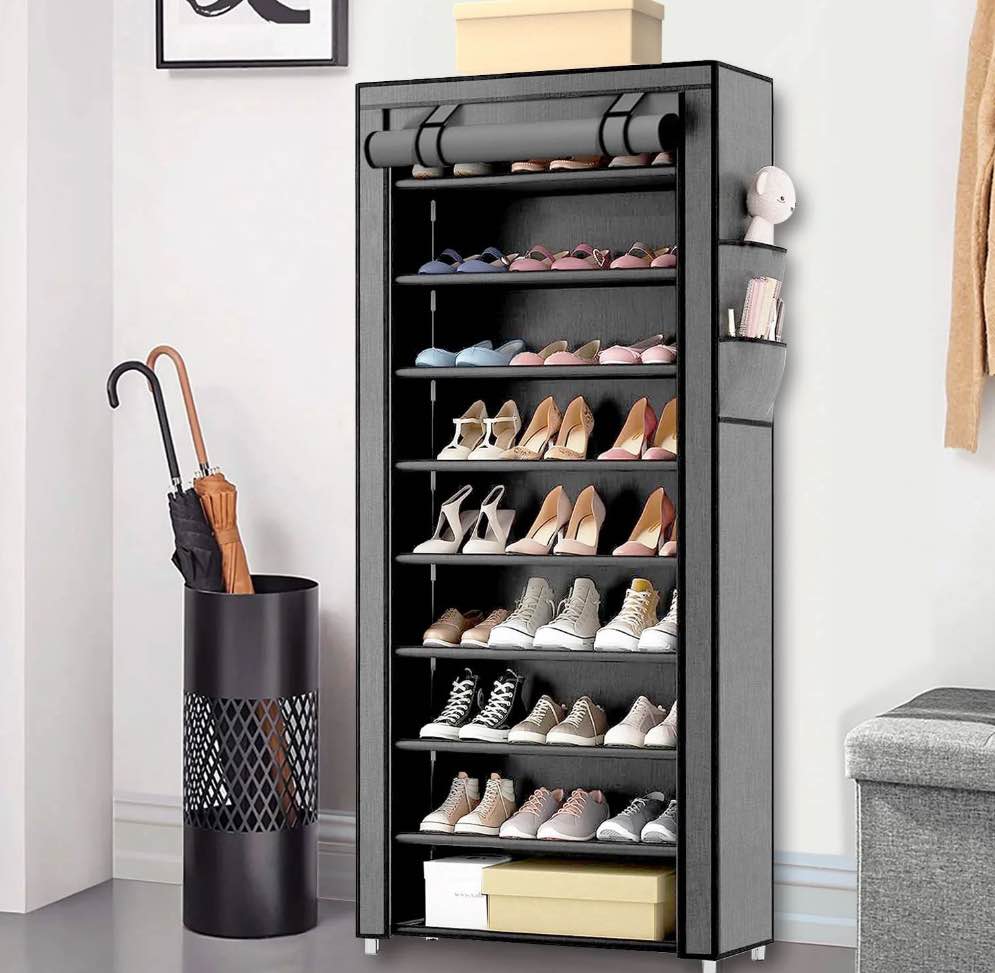 10 Tier Shoe Rack with Covers, Large Capacity Stackable Tall Shoe Organizer Storage, Sturdy Metal Free Standing Shoe Shelf for Closet Entryway Garage