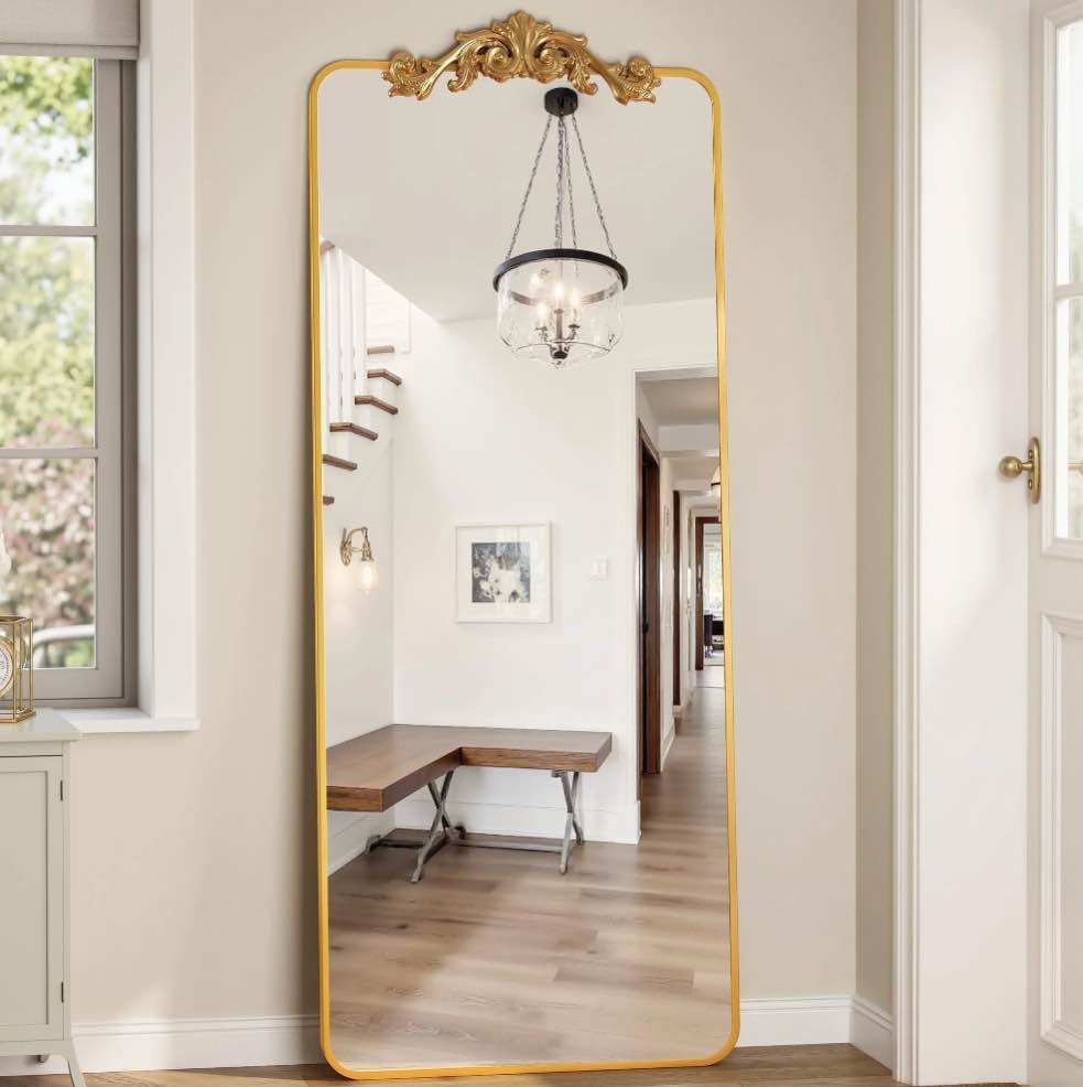 Antok Vintage 58" x 18" Full-Length Mirror with Carved Metal Frame, Baroque-Style Floor Mirror for Living Room, Bedroom, Entryway or Hallway, Luxury Gold