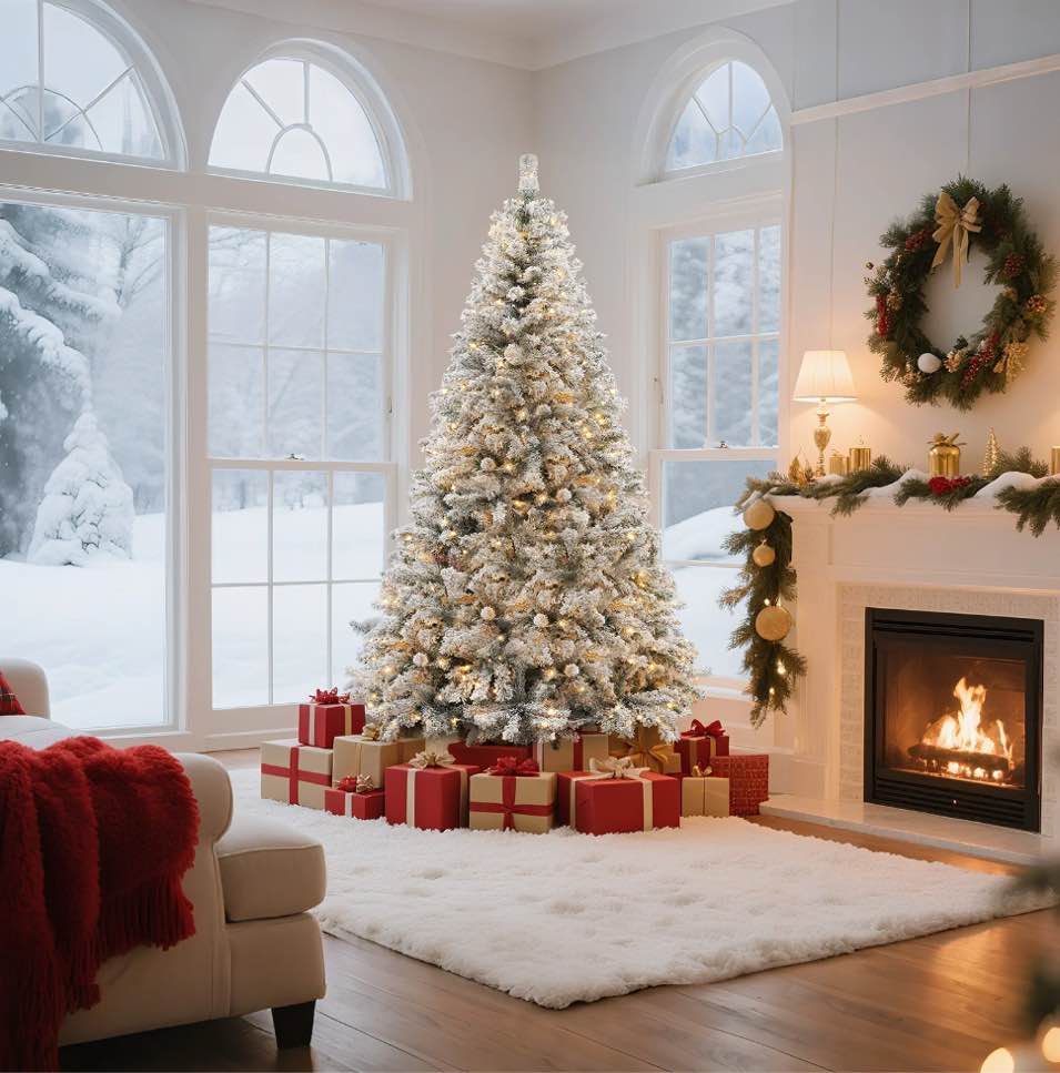 VAVSEA 7.5ft Pre Lit Snow Flocked Christmas Tree with Storage Bag, Fence, Tree Skirt, Hinged Artificial Xmas Tree with 350 Warm White Lights, 1200 Tips for Holiday Home Office Decoration