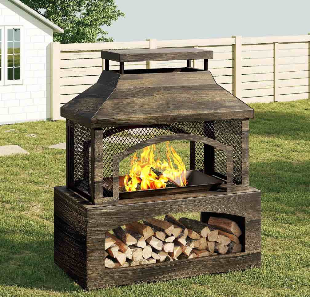 Bestier Fire Pits for Outside Wood Burning, Outdoor Fireplace with Log Storage Rack, Freestanding Chiminea Fireplace with Mesh Screen and Pocker for Backyard Patio Party Camping Picnic, 37"
