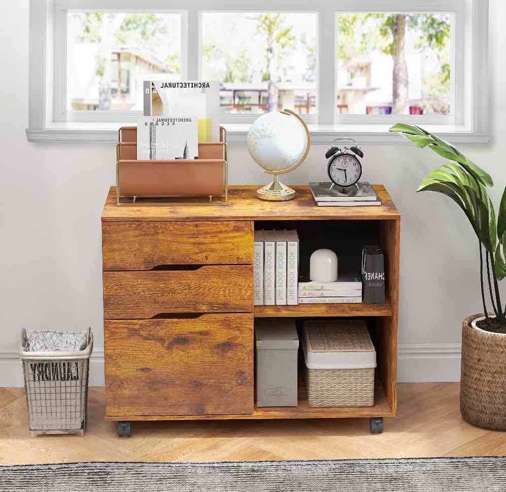 CONCETTA 3 Drawer File Cabinet with Wheels Rolling Wood Printer Stand and Open Storage Shelves for Home Office Rustic Brown
