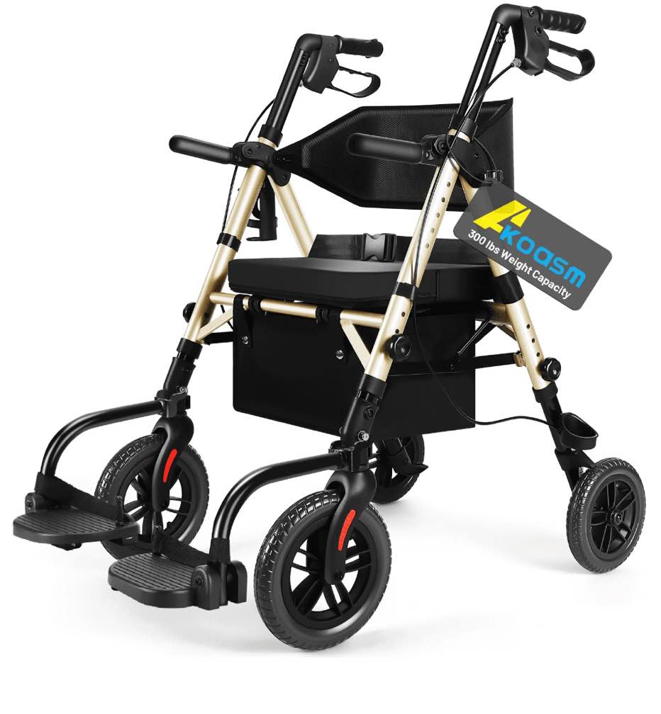 Foldable Rollator Walker for Seniors with Seat, Lightweight 2 In 1 Rolling Walkers Wheelchair Combo for Adult, Transport Chair with Brakes, Adjustable Seat and Handle, 300 Lb. Weight Capacity