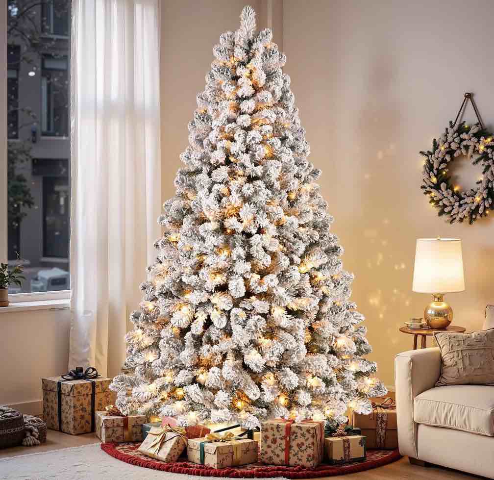 Alupssuc 6.5ft Prelit Snow Flocked Artificial Holiday Christmas Tree w/ Warm White Lights, Foldable Stand, Full Snow Branch Tips