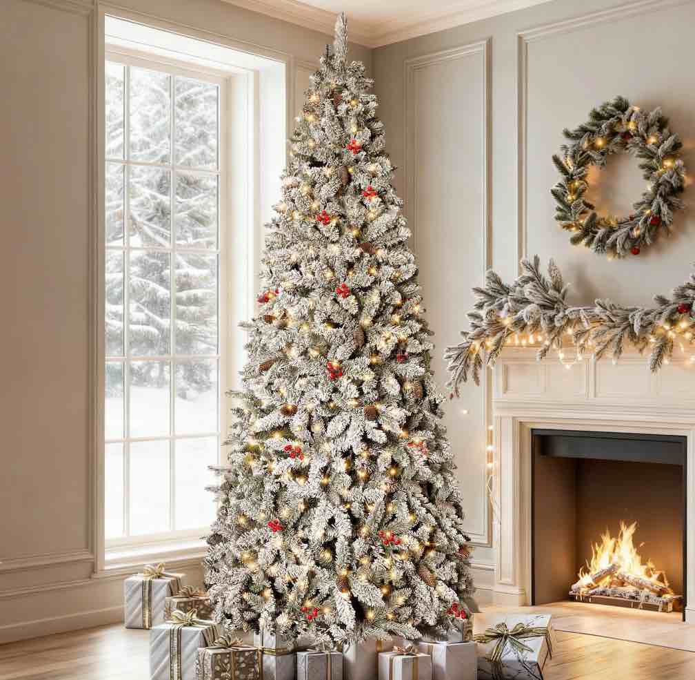 GVDV 7.5ft Pre-Lit Snow Flocked Christmas Tree, Pencil Artificial Berry Christmas Tree with Pinecones, Red Berries, Warm White Lights, for Home, Office and Party Decor, Metal Hinges Easy Assembly