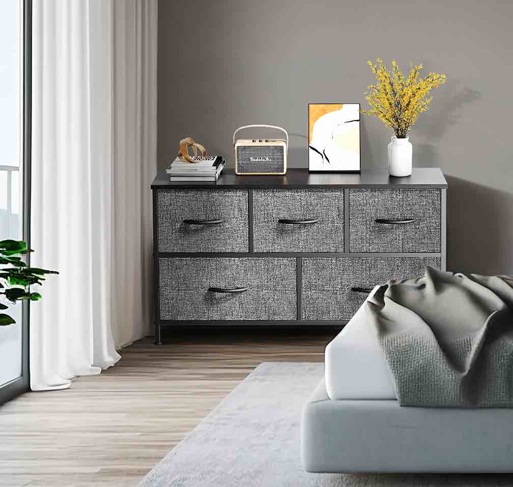 EDX 5 Drawer Dresser, Wide Chest of Drawers Nightstand Storage Tower Storage Fabric Dresser with Wood Top for Living Room, Bedroom, Hallway, Grey