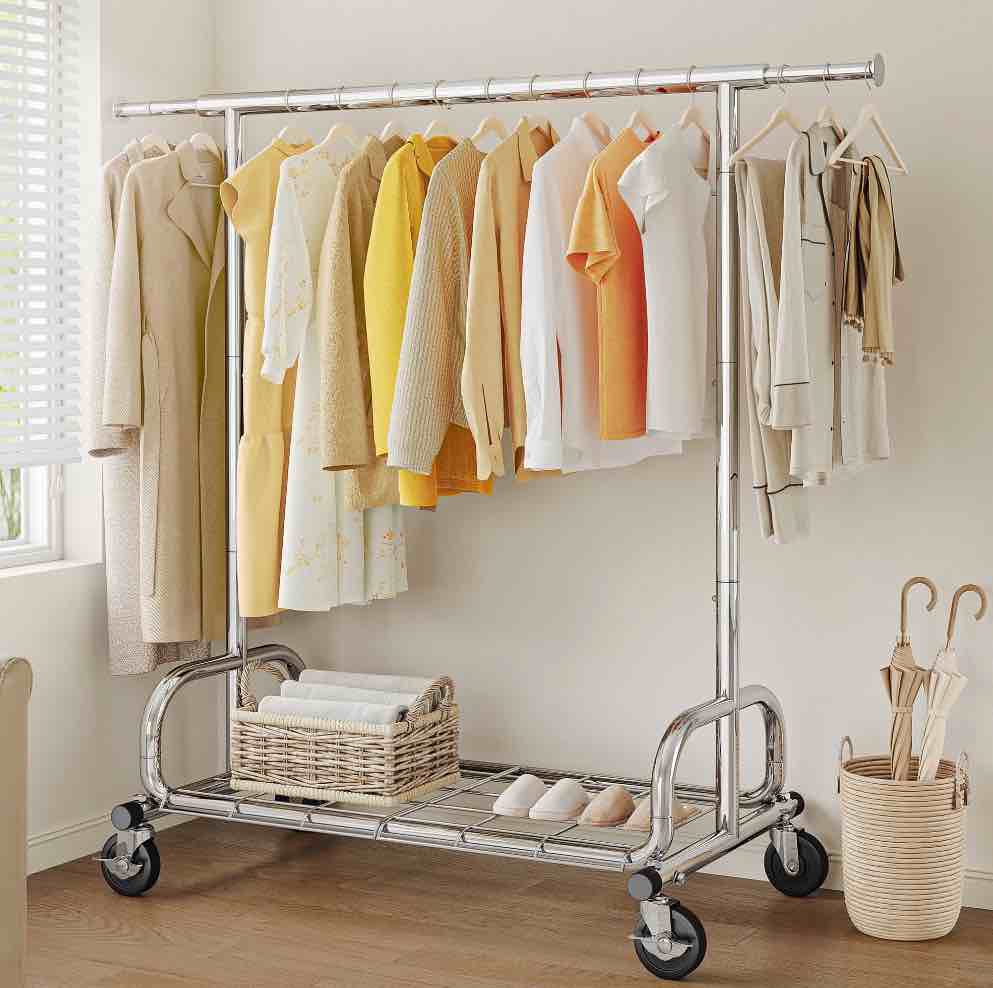 Heavy Duty Clothing Rack with Shelves 300 lbs Capacity, Commercial Grade Rolling Garment Rack with Wheels, Compact Steel Clothes Rack for Small Spaces, Silver