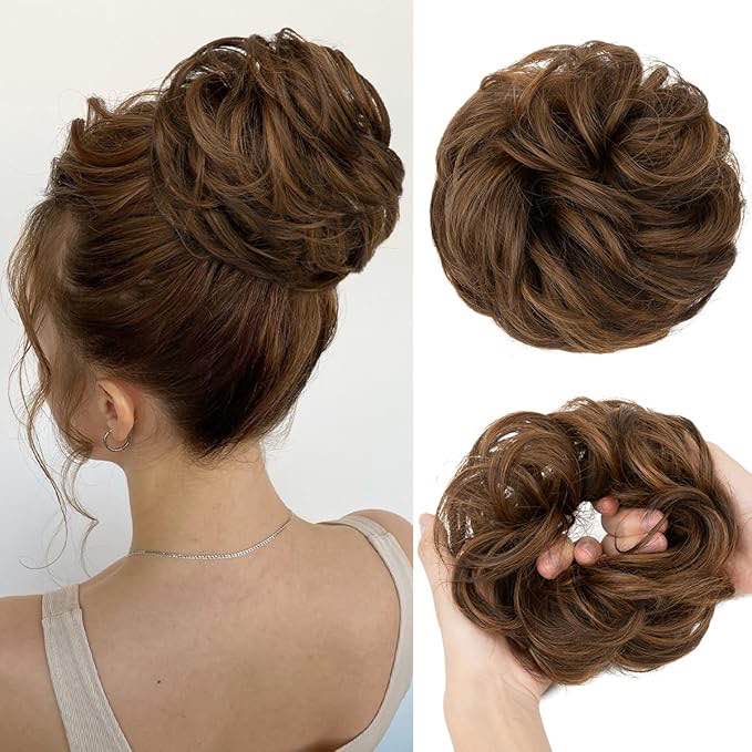 FeidyLong 2 PCS Messy Bun Hair Piece Wavy Curly Scrunchies Synthetic Chignon Ponytail Hair Extension