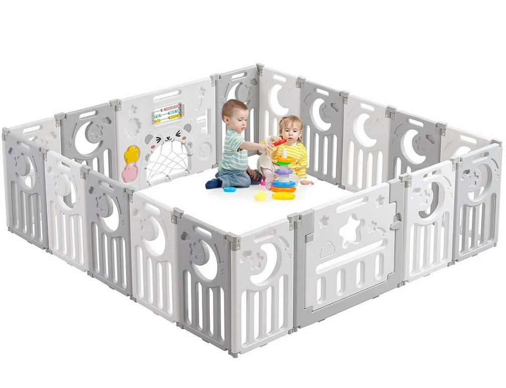 Foldable Baby Playpen, 18 Panel Play Pen for Babies and Toddlers,39 Sq.ft of Play Pen,Custom Shape,Easy Storage,Play Yard for Babies Safety,36.9lb,Grey White