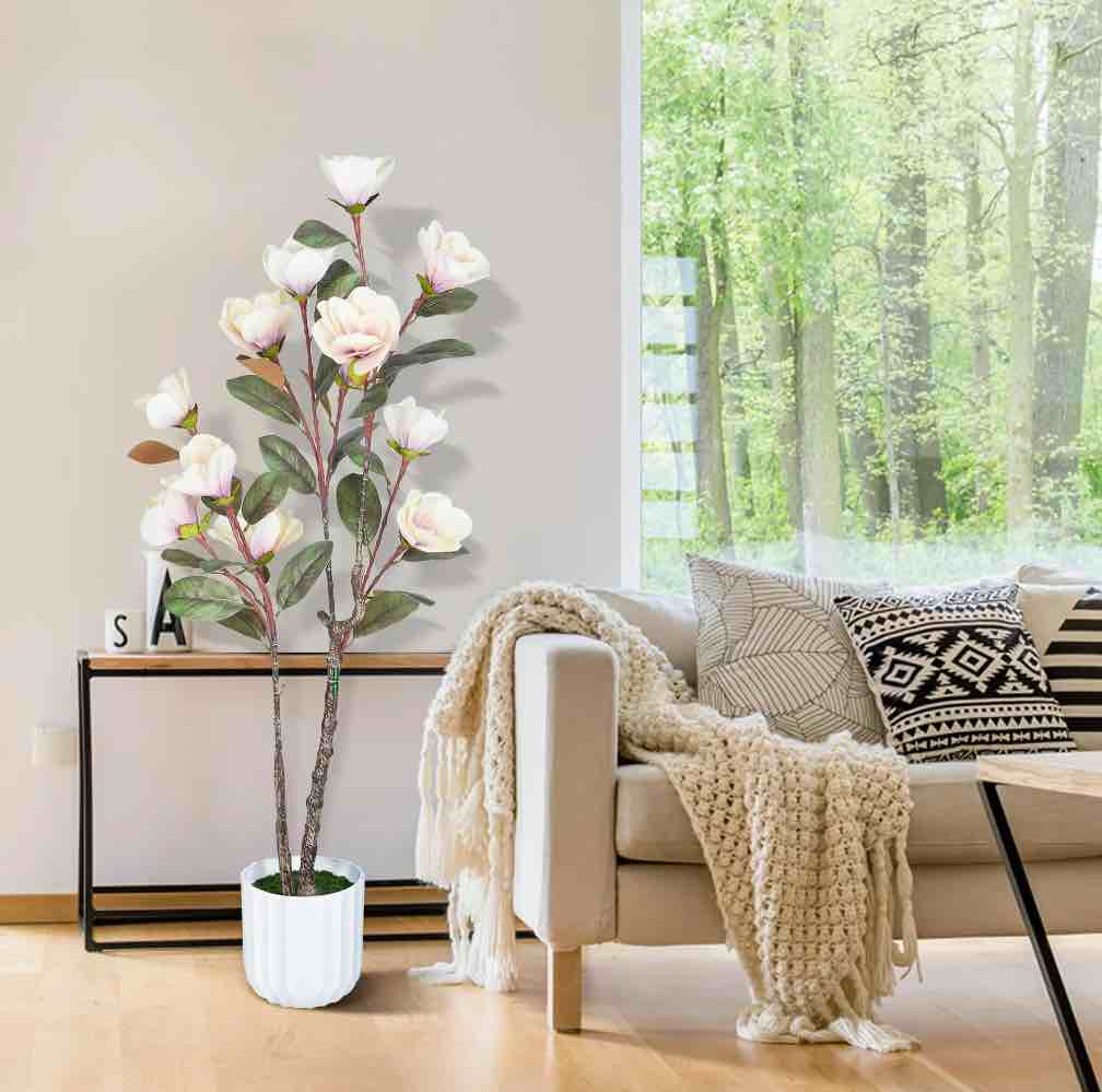 WFUN 4FT Magnolia Artificial Flowers Tree for Indoor & Outdoor Decoration, Beige