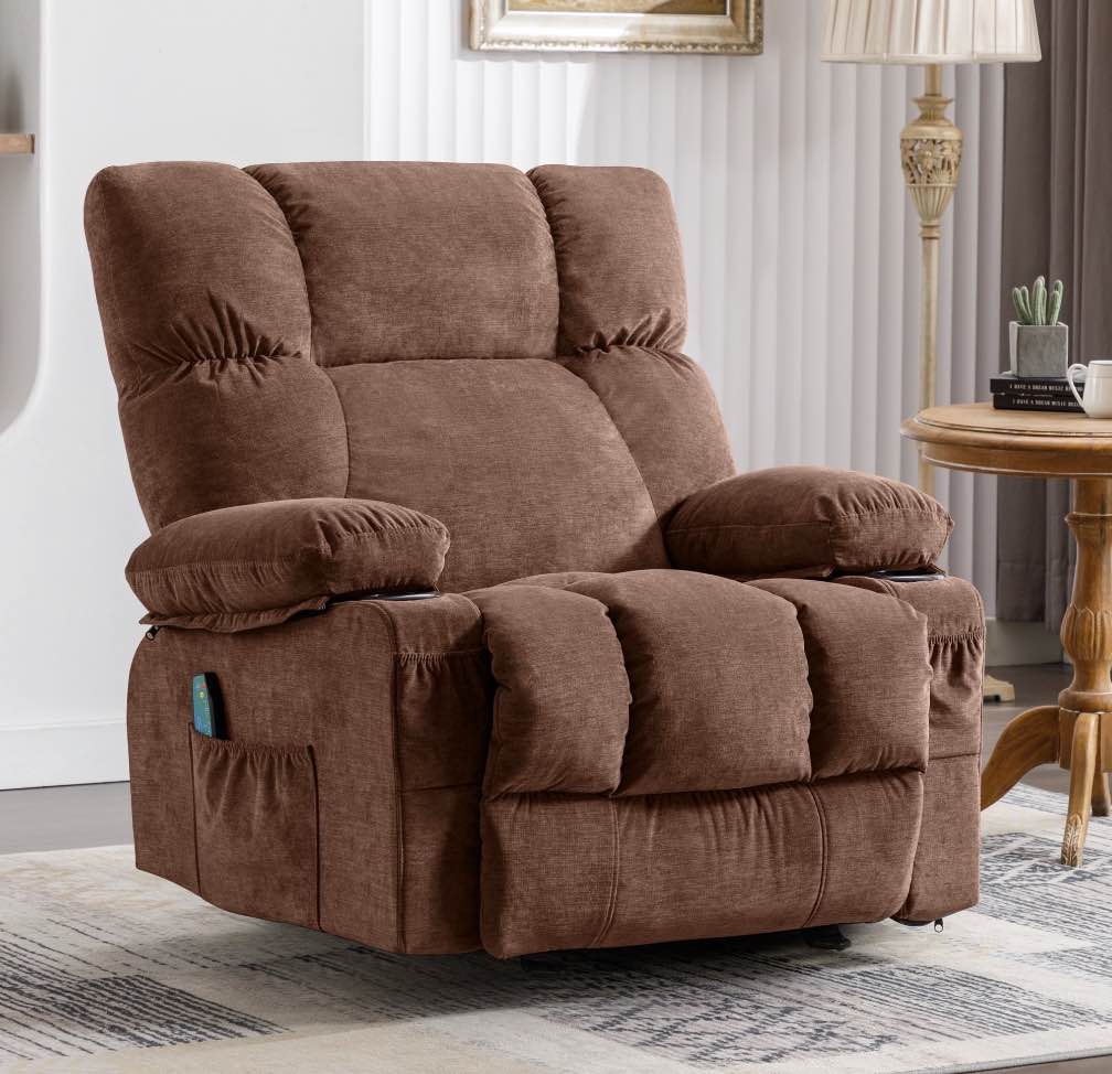 JONPONY Manual Recliner Chair with Heat Therapy and Massage Function, Heavy Duty Reclining Mechanism Massage Chair, Elderly Single Rocker Sofa with Cup Holders for Bedroom Home Theater,Brown