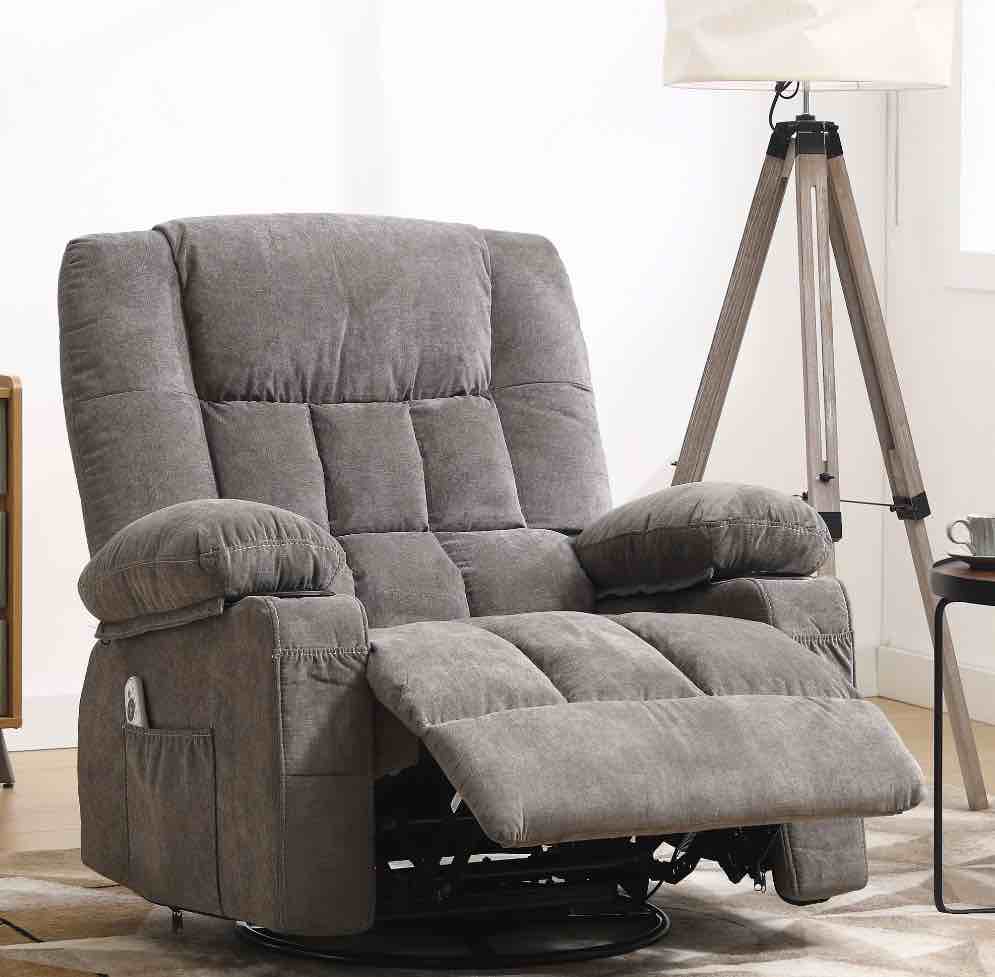 JONPONY Massage Swivel Rocker Recliner Chair with Vibration Massage and Heat Ergonomic Lounge Chair for Living Room with Rocking Function and Side Pocket, 2 Cup Holders, USB Charge Port,Grey