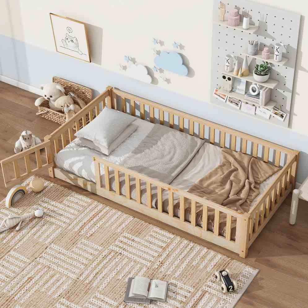 PAPROOS Twin Size Floor Bed, Solid Wood Toddler Bed with Slat, Fence Guardrail and Door, No Box Spring Needed, Montessori Bed, Twin Bed for Kids, Boys, Girls, Natural