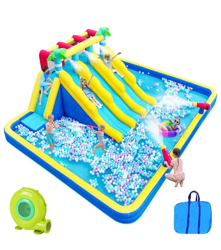 Neche Inflatable Water Slide Bounce House?246" x 195" x 93" Large Pool Outdoor with 750W Blower, Kids Water Park with 3 Long Water Slides