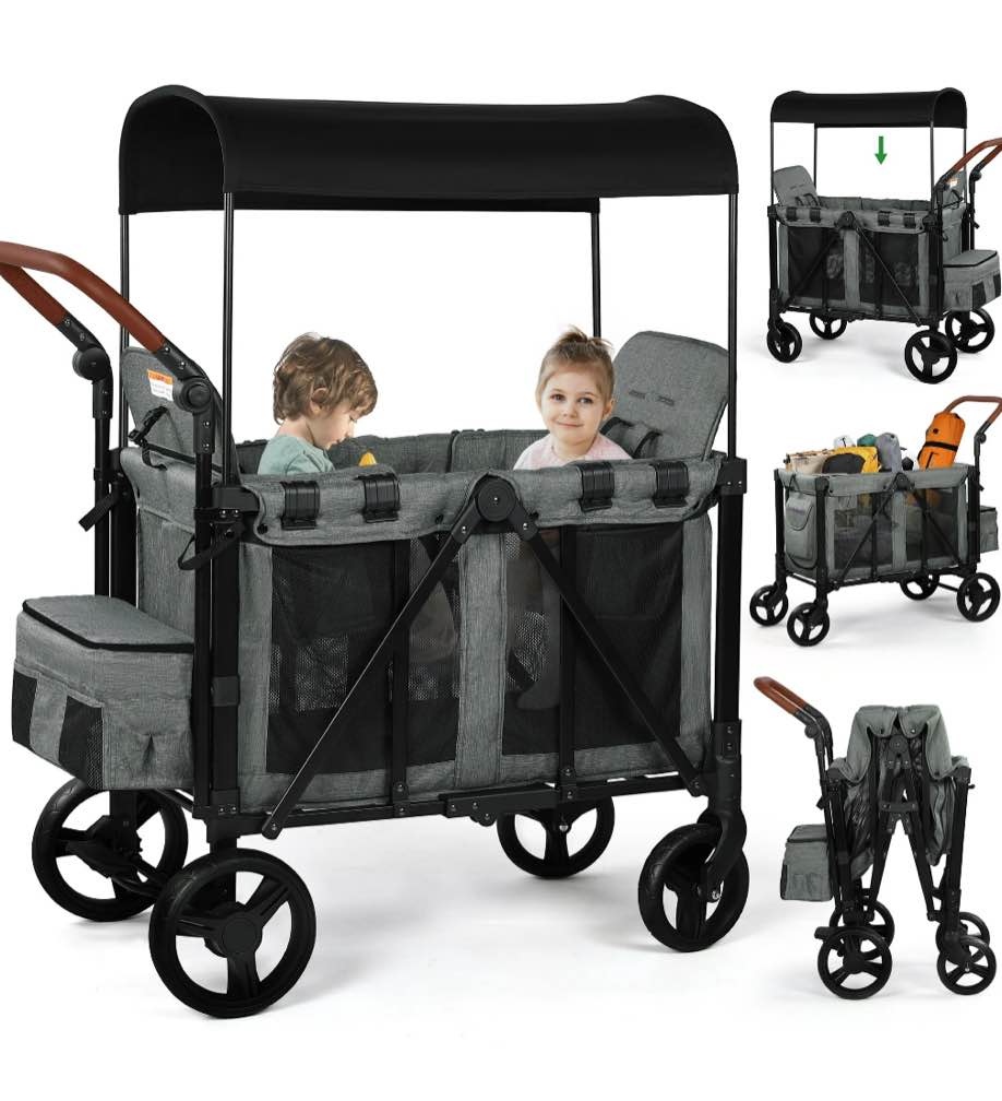 Vomeast Wagon Stroller for 2 Kids, 3-in-1 Wagon Stroller with Canopy, 5-Point Harness, Adjustable Handlebars, Removable Seat for Toddlers, Grey