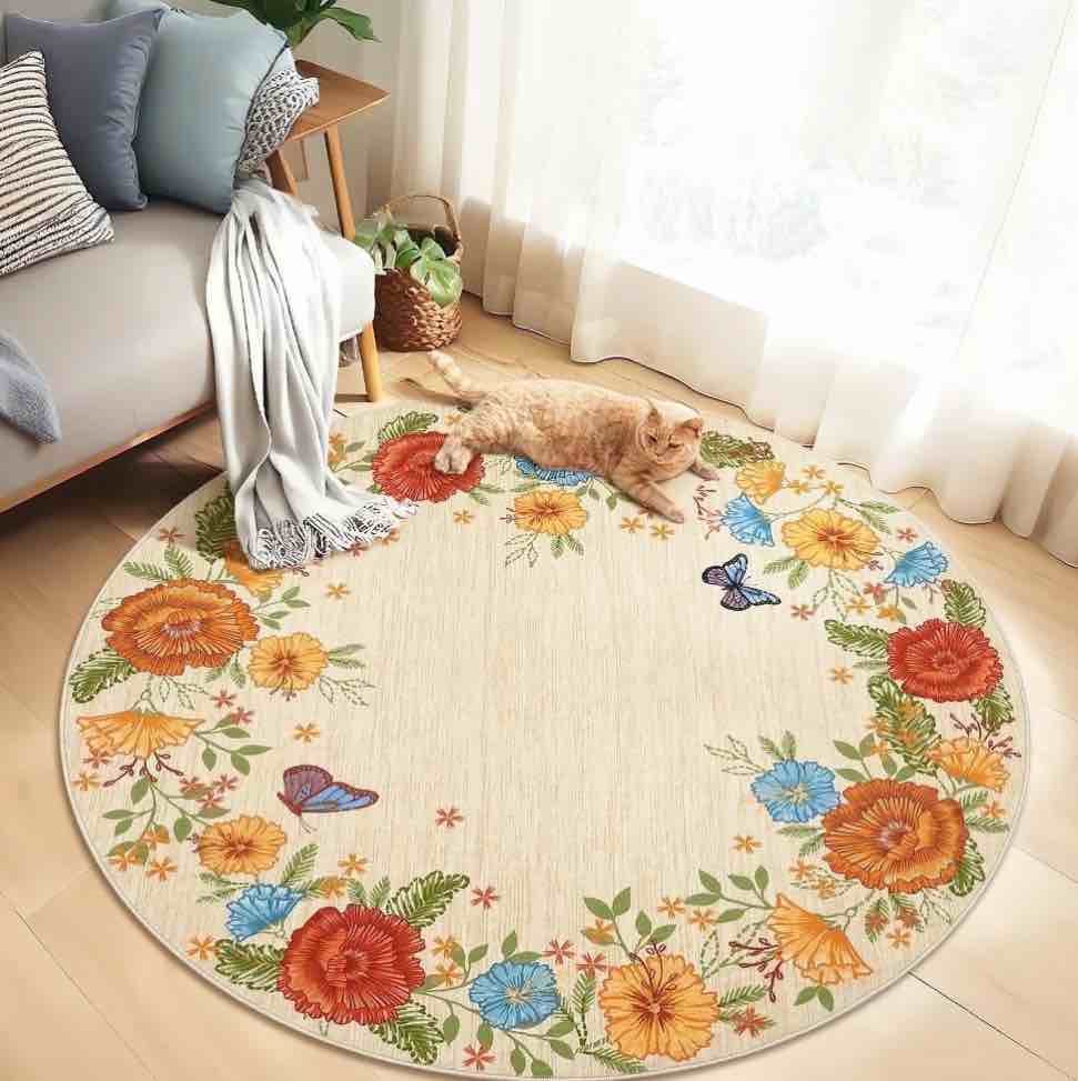 Garvee Round Floral Area Rugs, 4'x4' Washable Boho Rugs Ultra Soft Print Carpet, Non-Slip Low Pile Rug Stain Resistant Distressed Indoor Rugs for for Office Living Room Dining Room, Yellow