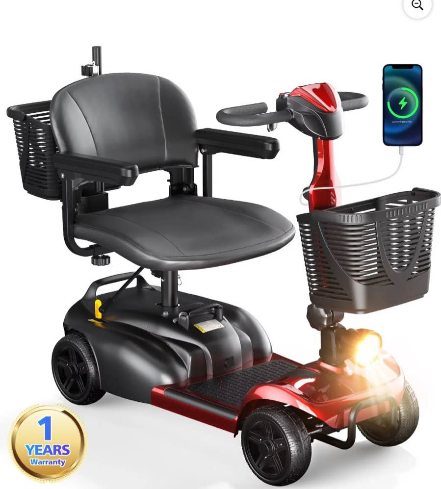 SACVON 4 Wheels Mobility Scooter with Cane Holder for Seniors, Electric Folding Wheelchair Device for Travel, Red