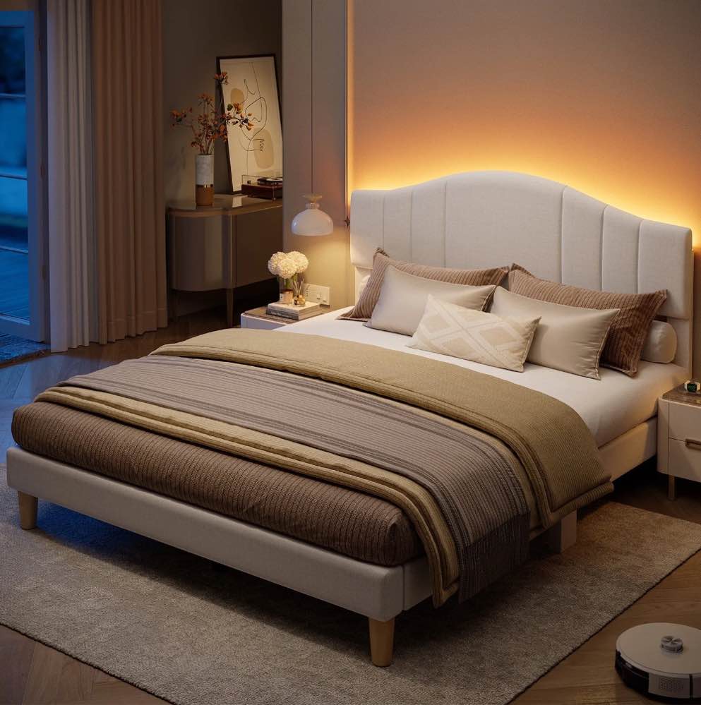 Pinmoco Queen Upholstered Bed Frame with Adjustable Arc-shaped Headboard, LED Platform Bed, Beige Fabric