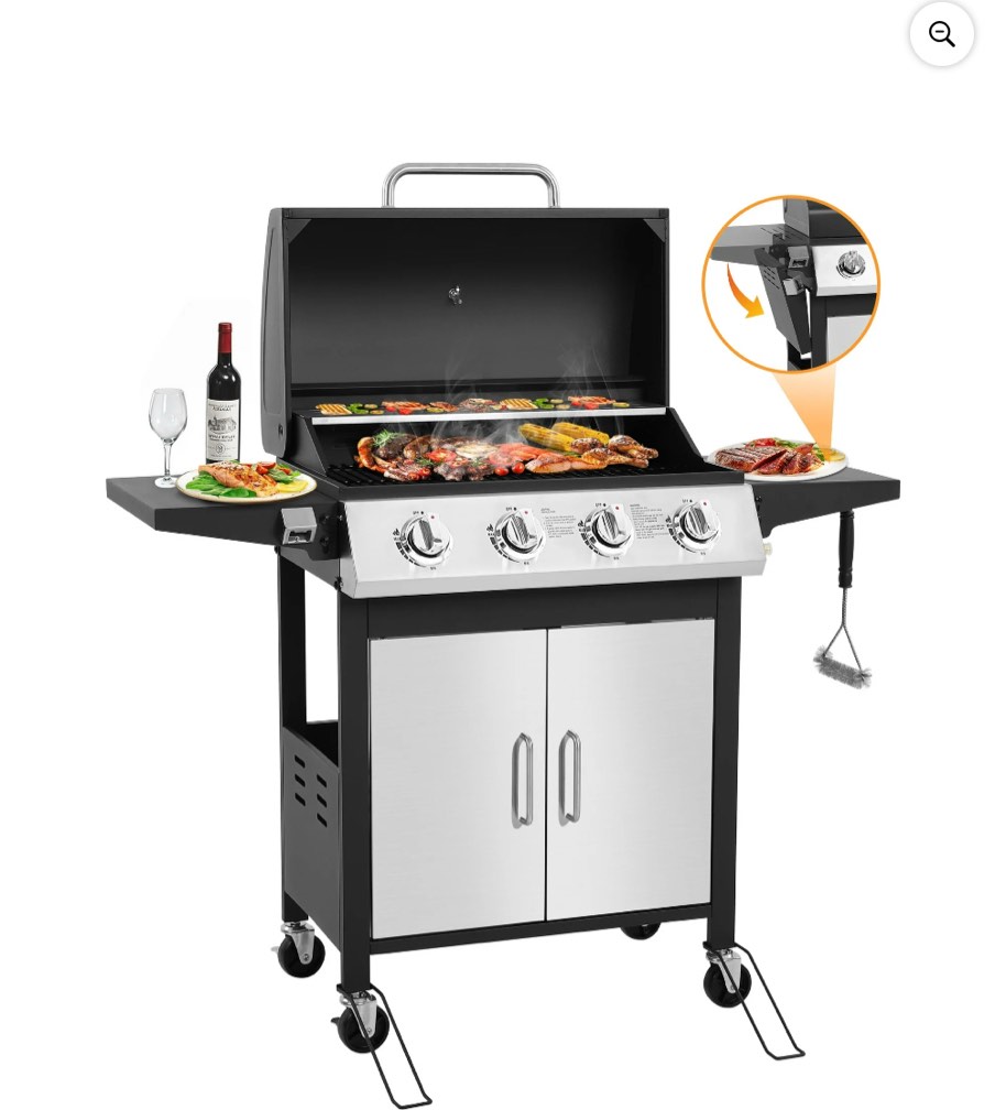 SEGMART 4 Burner BBQ Propane Gas Grill, Stainless Steel 40,000 BTU Patio Garden Barbecue Grill with Folding Side Tables, Cleaning Brush & Thermometer, Perfect for Camping, Outdoor Cooking