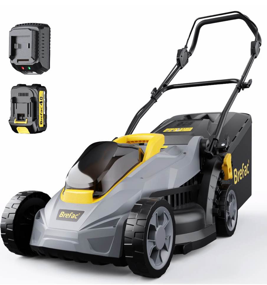 Brefac 20V 13'' Cordless Lawn Mower, Multi-Functional Grass Cutter with 4.0Ah Battery, 5 Adjustable Height Settings, Durable Manganese Steel Blades, Easy to Use for Small Lawn
