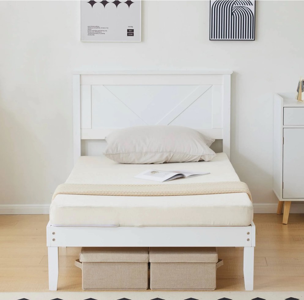 zimtown twin bed frame,solid pine wood twin platform bed frame, bedroom twin bed with headboard for adults, white