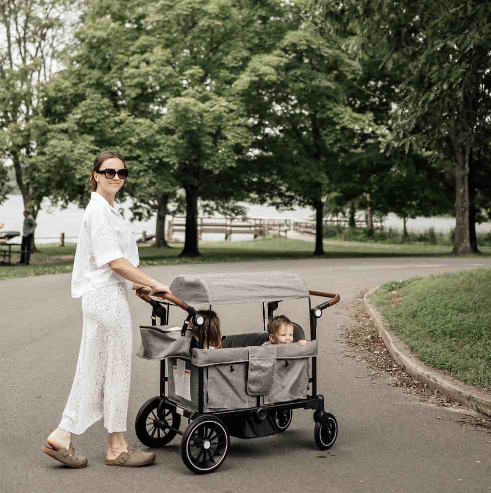 AILEEKISS Collapsible Wagon Stroller for 2 Toddlers with Adjustable Canopy, 44 Pounds, Grey