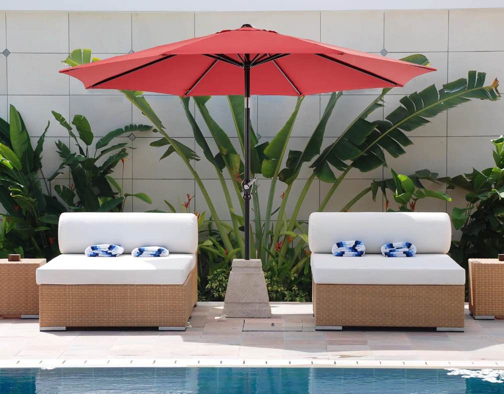 ZUNMOS 9FT Outdoor Patio Umbrella with Push Button Tilt and Crank Handle, Market Umbrella with 8 Sturdy Umbrella Ribs, UV Protection, Waterproof, Red