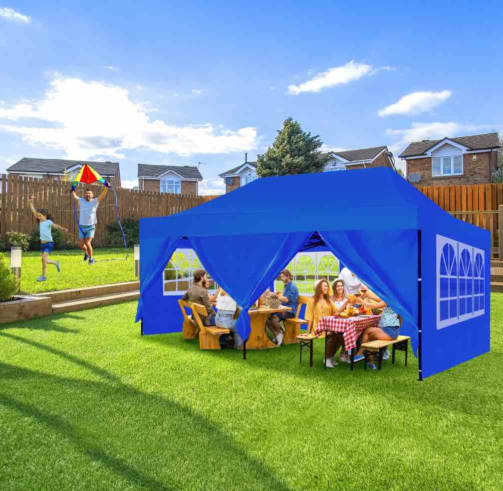 GVDV 10x20 Pop up Canopy with 6 Removable Sidewalls, Outdoor Canopy Tents for Partie Wedding, Instant Sun Protection Shelter with Upgrade Raised Roof and Carry Bag, Blue