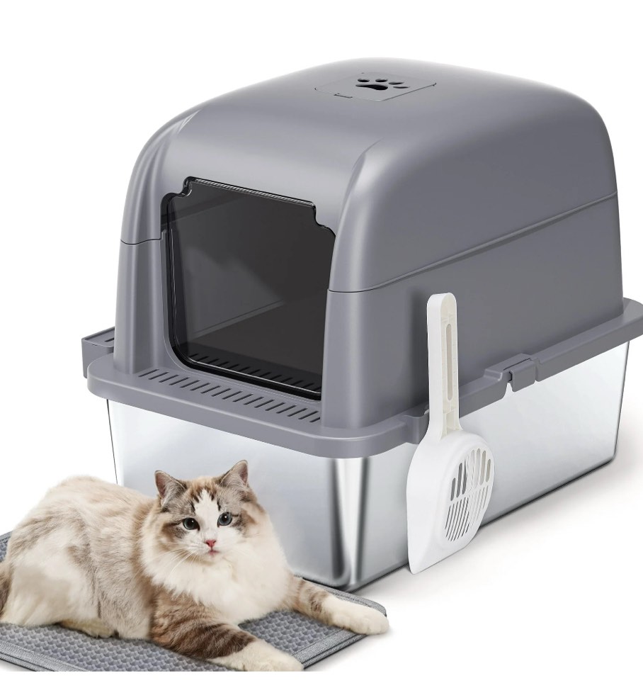 Large Stainless Steel Cat Litter Box with Scoop and Mat Set - Odor, Stain and Rust Resistant, Gray