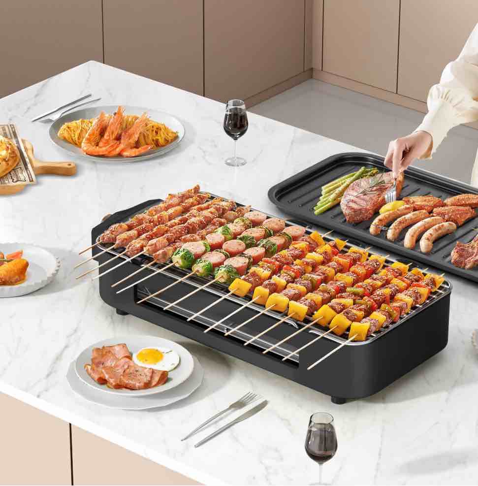 aoran indoor grills electric smokeless, versatile double-layer indoor electric griddles, 1500w smokeless grill skillet griddles for home cooking black