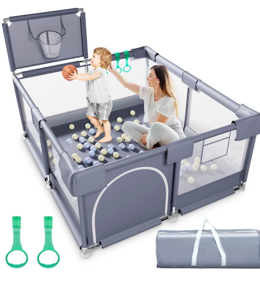 babyeap baby playpen, play yard, toddlers playards, 50"x50" infant travel fence with basket, gray