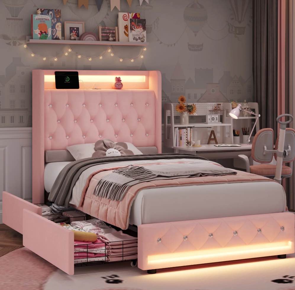 homfa twin bed frame with led light & charge station, 4 storage drawers modern upholstered wingback platform bed frame, pink velvet