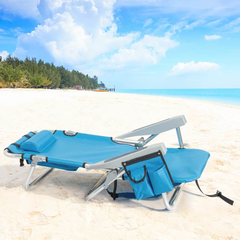 ktaxon backpack beach chair, 5-position protable  beach chair, light-weight foldable camping chair with back storage bag & cooler pouch and side bags for beach poolside (low, blue)