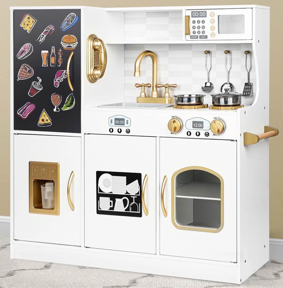 COCLUB Play Kitchen, Wooden Kids Kitchen Playset with Chalkboard, Ice Maker, Play Phone, Cookware Accessories, Microwave Toy Kitchen Gift for Boys Girls Age 3-8 White