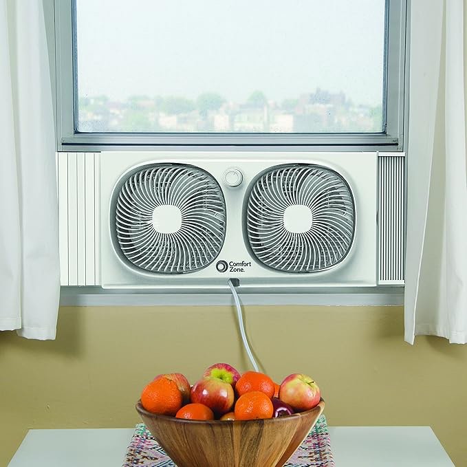 Comfort Zone 9  Twin Window Fan with Individual 180 Degree Rotating Fan Heads  2 Speed  Removable Bug Screen  Ideal for Home  Bedroom  Kitchen & Office  CZ329WT