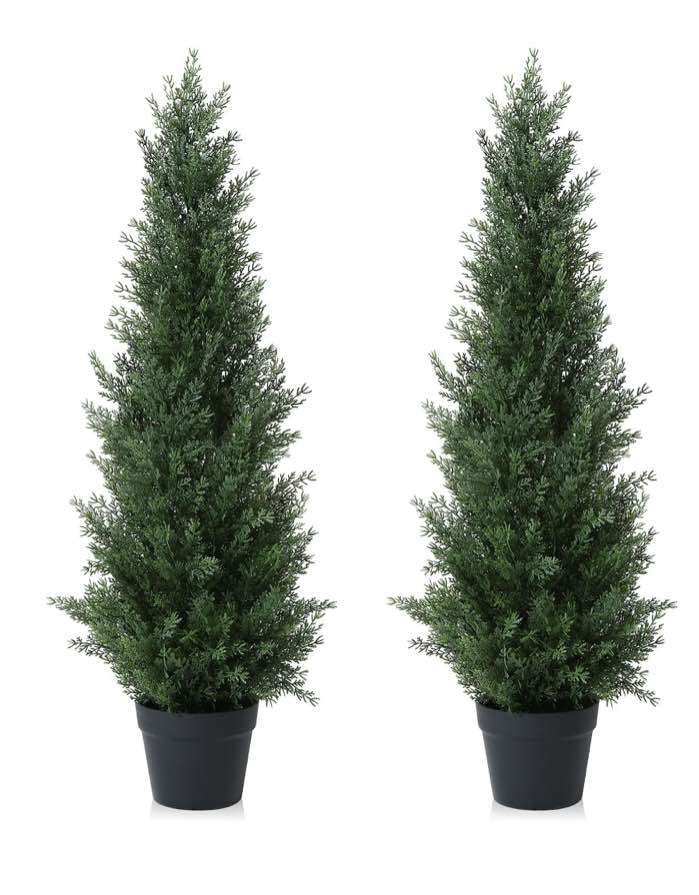Artificial Cedar Tree 2 Pack 3 ft Outdoor Artificial Topiary Cedar Plants Fake Tree UV Rated Potted Plants for Porch Decor Faux Pine Tree for Perfect Housewarming Gift