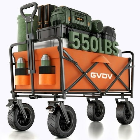 GVDV Collapsible Folding Wagon 550LBS Large Heavy Duty Utility Cart with All-Terrain Wheels and Adjustable Handles for Shopping Camping Sports Out