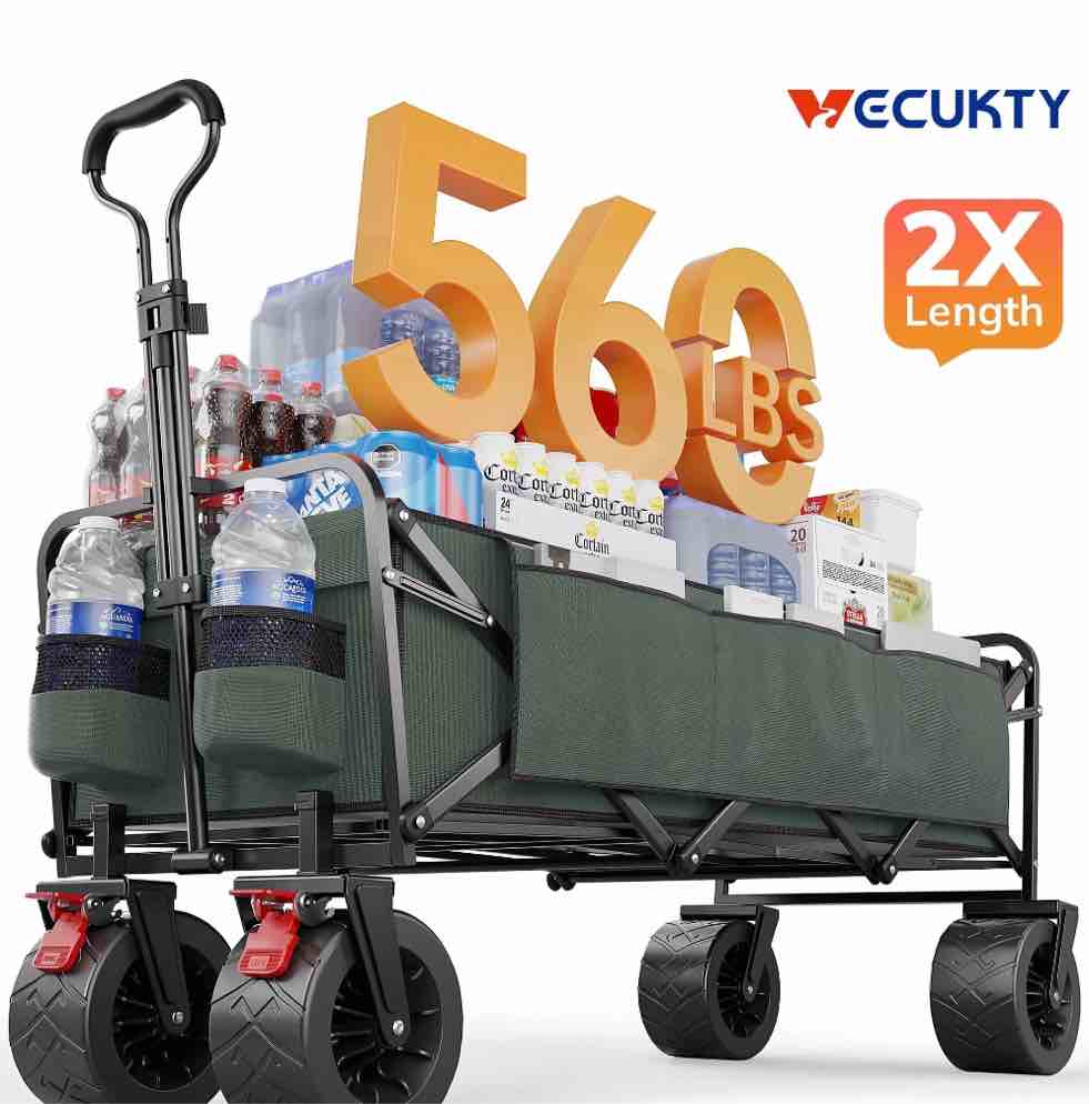 vecukty 51.2" large collapsible folding wagon cart, 560 lbs load capacity, heavy-duty steel frame & oversized wheels for grocery shopping, camping, sports, moving – gray