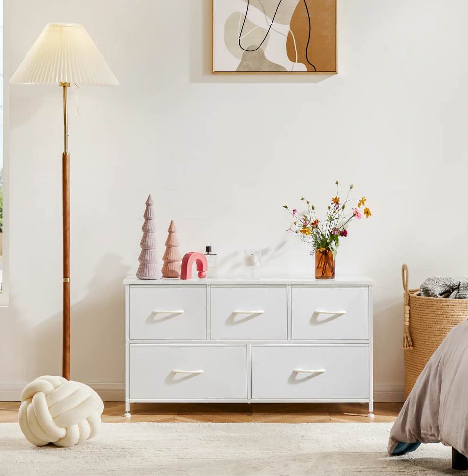 EDX 5 Drawer Dresser, Wide Chest of Drawers Nightstand Storage Tower Storage Fabric Dresser with Wood Top for Living Room, Bedroom, Hallway,White