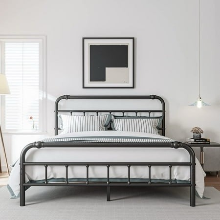 QFTIME Queen Bed Frame with Headboard Heavy-Duty Metal Platform Bed Frame with 18 High Non-Slip and Noise-Free No Box Spring Needed Black
